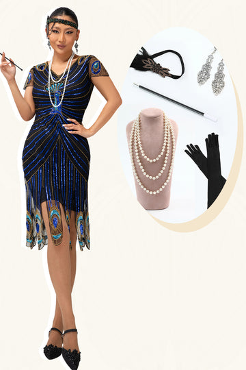 Black Golden Fringe Sequins 1920s Dress with 5-Piece Accessories Set